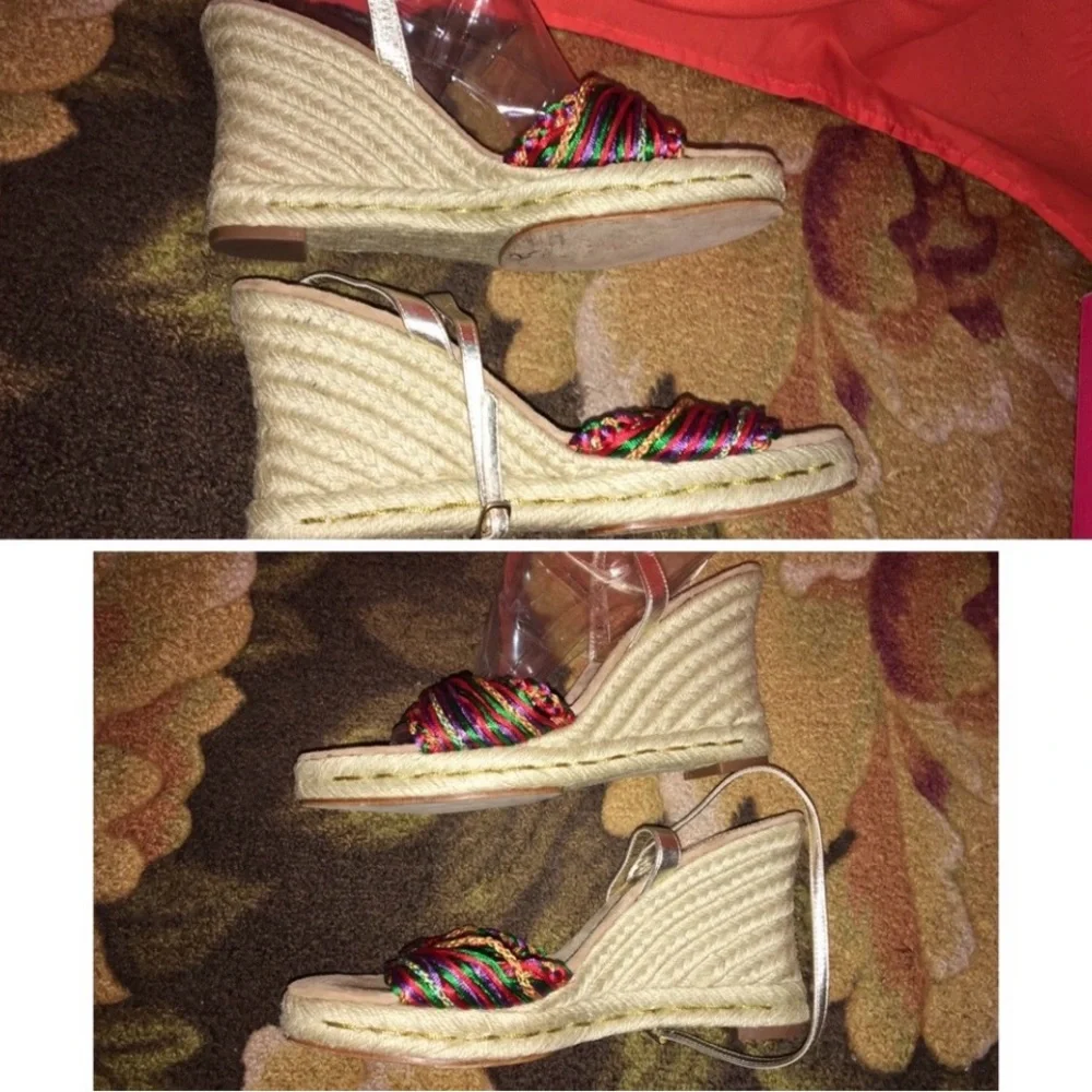 Cole Haan Multicolor Braided Espadrille Wedge Sandals with Silver Ankle Strap